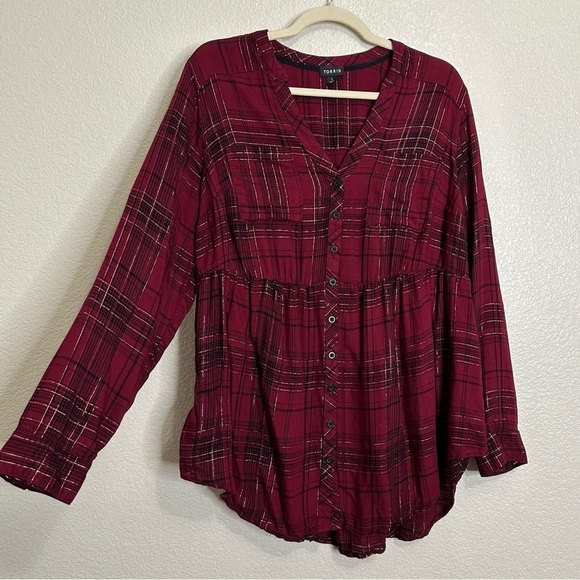 Torrid Burgundy Gold Plaid Button Down Shirt, Size 1X - Picture 2 of 12